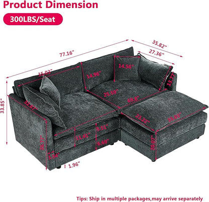 Aoowow Modular Sectional Sofa Modern Convertible Loveseat Couch,77.16 Inch Deep 2-Seater Sofas Comfy Chenille Cloud Sofas and Couches Set with Movable Ottoman for Living Room Apartment（Grey）