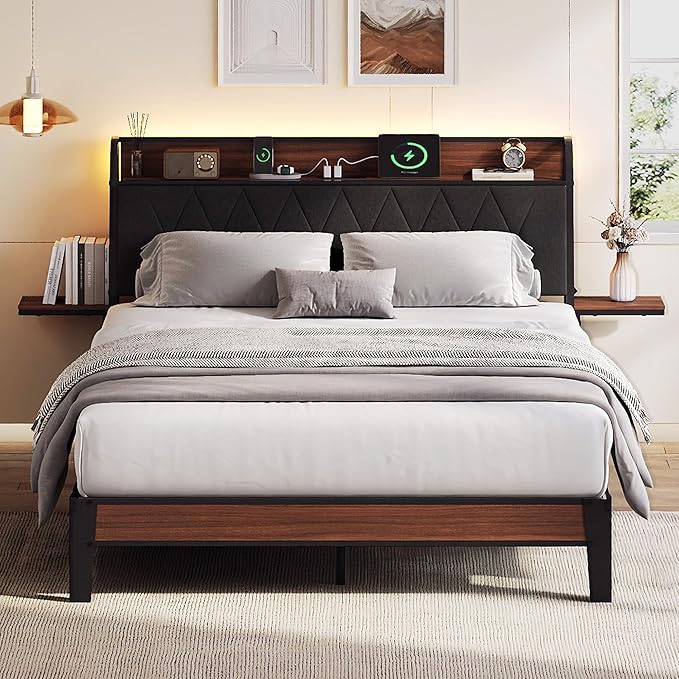 WLIVE Queen Size Upholstered Bed Frame with 2 Side Shelves, Linen Tufted Storage Headboard with Charging Ports and LED Light, Metal Solid and Stable, No Box Spring Needed, Easy Assembly, Brown