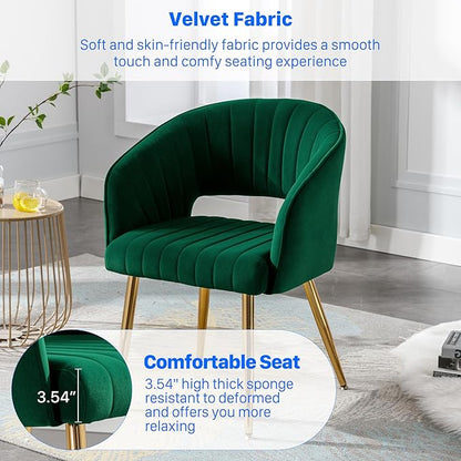KCC Modern Accent Dining Chairs Set of 2, Upholstered Velvet Dining Room Chairs with Hollow Back, Tufted Kitchen Chairs Side Chair with Gold Metal Legs for Living Room Restaurant, Green