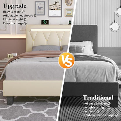 Full Size Bed Frame with Bluetooth Speaker, LED Lights and Charging Station, Faux Leather Linen Fabric Adjustable Headboard,Modern Upholstered Bed, Wood Slat Support, Easy Assemble, Beige