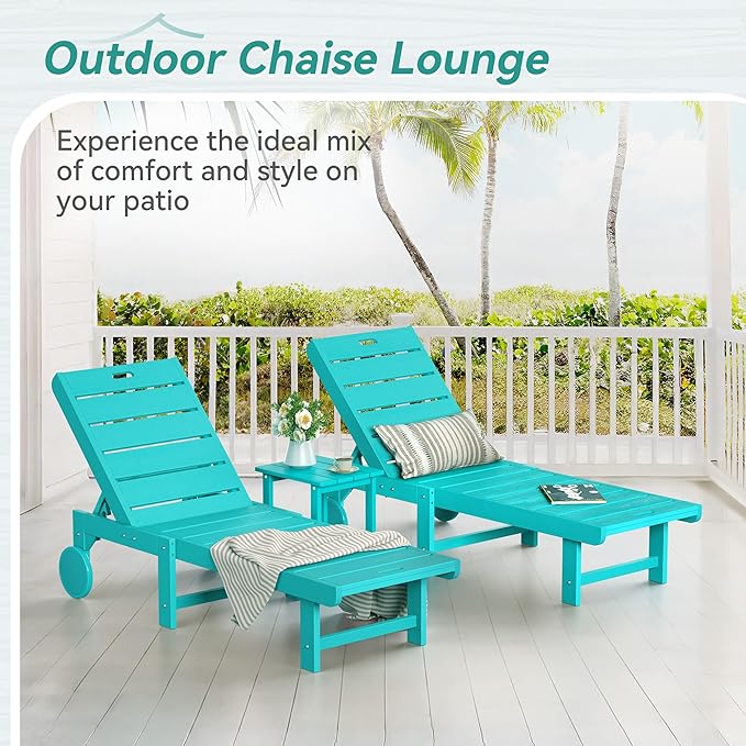 Homenjoy Outdoor Chaise Lounge Chairs Set of 4, 26.8” Super Wide Lounge Chair Outdoor, HDPS Pool Chairs with 5 Positions, Patio Lounge Chair with Wheels for Pool,Lawn,Backyard, Aruba Blue