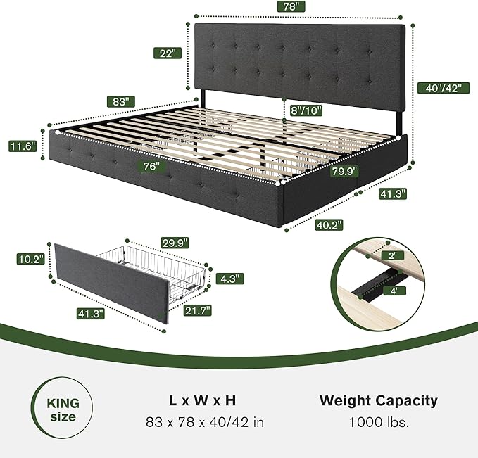 MUTICOR King Size Bed Frame with 4 Storage Drawers, Upholstered Platform Bed with Button Tufted Adjustable Headboard, No Box Spring Needed, Easy Assembly, Square Tufted, Dark Grey Fabric