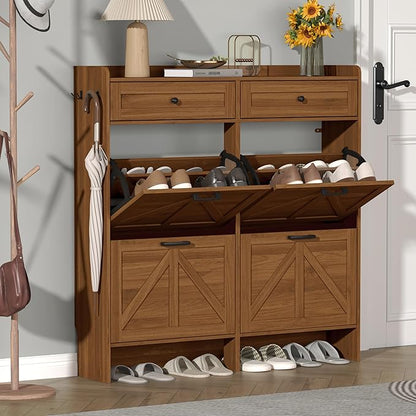 Shoe Cabinet with 4 Flip Drawers & 2 Storage Drawers, Rustic Farmhouse Narrow