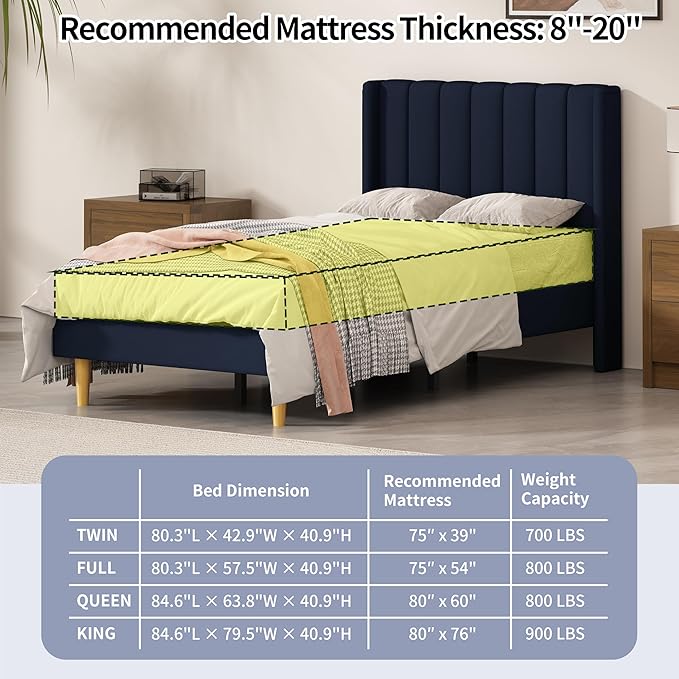 Twin Size Upholstered Platform Bed Frame with Modern Wingback & Vertical Panel Headboard, Linen Fabric, Wooden Legs & Slats Support, No Box Spring Needed, Noise-Free & Easy Assembly, Dark Blue