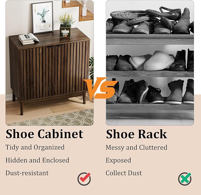 Shoe Cabinet with Slatted Doors, 4-Tier Freestanding Shoe Cabinet Storage