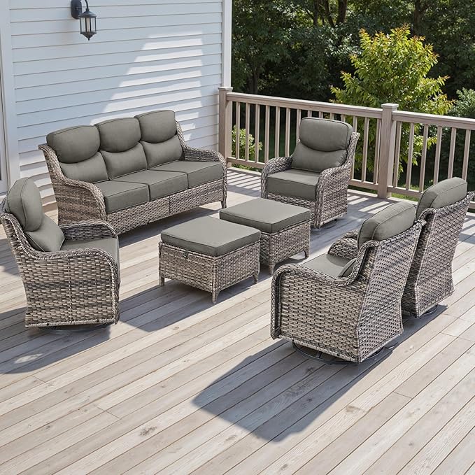 Rilyson Wicker Outdoor Patio Furniture Set - 7 Piece Patio Conversation Sets with Swivel Rocker Chairs, Ottomans and Sofa, 6 inch Cushions, Waterproof Wicker, for Porch Deck Mixed Grey/Grey