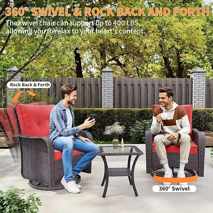 Gotland 11 Pieces Patio Furniture Set with Fire Pit Table Swivel Chairs, PE Rattan Outdoor Furniture with 29.5'' High Backrest 4’’ Thick Cushions, Outdoor Sectional for Porch, Deck, Garden, Red