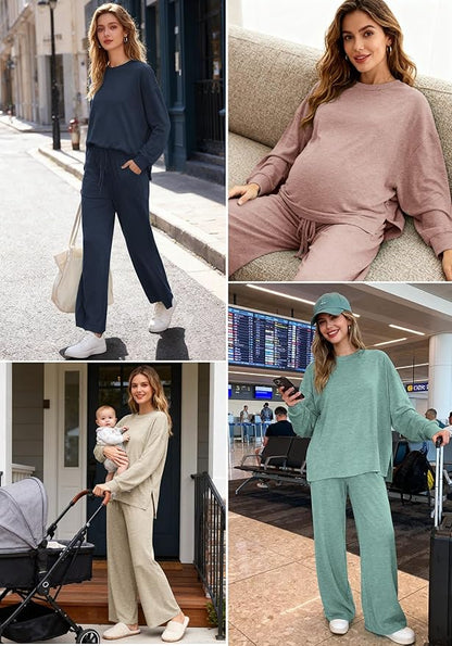 AmazingStar Womens Lounge Set 2025 Fall 2 Piece Outfits Long Sleeve Tops Wide Leg Long Pants Cozy Matching Sets Clothing