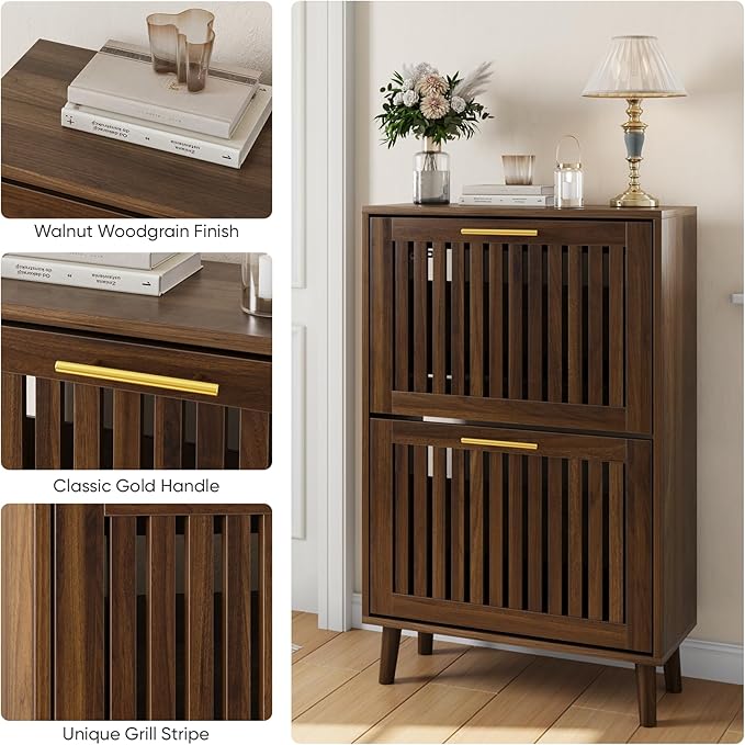 Shoe Cabinet with 2 Flip Slatted Drawers, Farmhouse Slim Shoe Organizer Rack