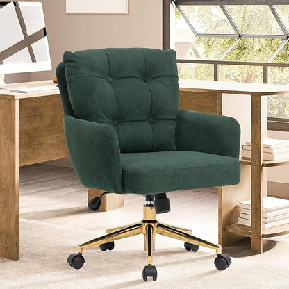 BALIAA Flannel Office Chair, Comfy Home Office Desk Chairs with Lumbar Support, Modern Velvet Desk Chair Gold Legs Small Swivel Task Chair for Home Office, Bedroom, Study (Green, L)