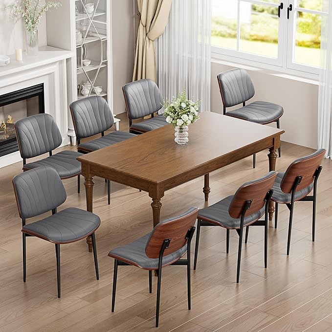 YaFiti Dining Chairs Set of 8, Dining Room and Kitchen Chairs, Mid Century Modern Accent Chair, Upholstered PU Leather Chairs for Vanity with Walnut Bentwood and Metal Legs, Gray