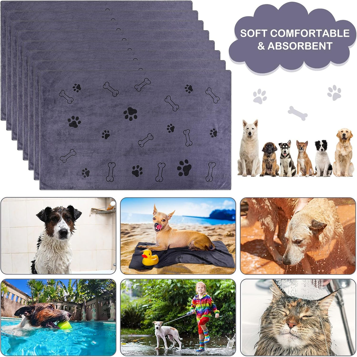 Chumia 8 Pcs Dog Towels for Drying Dogs Cats Pet Towels Bulk Puppy Microfiber Quick Drying Paw Bath Bathing Supplies Absorbent for Medium Pets(Gray,55 x 28 Inch)