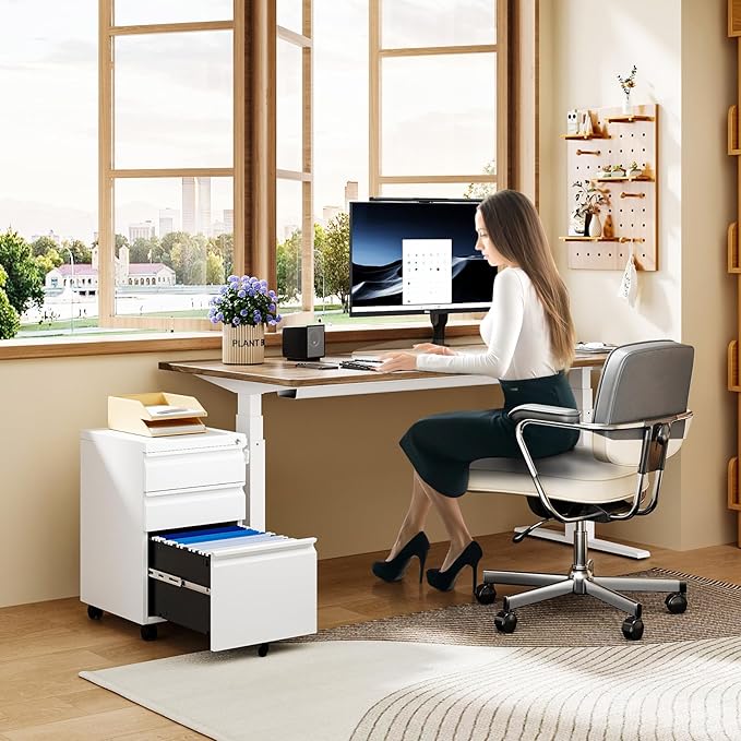 MIIIKO White Filing Cabinet 3 Drawers on Wheels Under Desk, Metal Rolling File