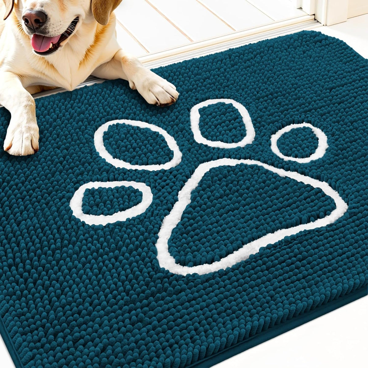 OLANLY Door Mat for Muddy Dog Paws 30x20, Absorbent Chenille Mud Doormat with Paw Print Design, Non-Slip Washable Doormat for Indoor Entryway, Quick-Dry Pet Bed Mats for Dirty Dogs, Atlantic Blue