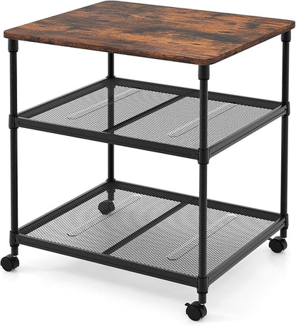 Giantex Printer Stand, 3-Tier Industrial Printer Cart with Lockable Wheels, Adjustable Shelves, Metal Frame, Mobile Under Desk Shelf for Home Office, Printer Table Fit Fax Machine, Scanner (Brown)