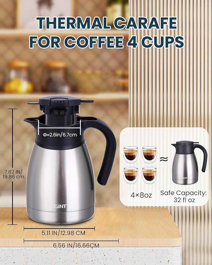 GiNT 34Oz Thermal Coffee Carafe, Insulated Stainless Steel Coffee Carafes