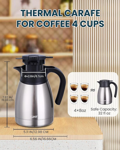 GiNT 34Oz Thermal Coffee Carafe, Insulated Stainless Steel Coffee Carafes
