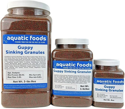 Aquatic Foods Inc. Guppy Micro Sinking Granules, Color Enhancing and Spirulina Mix for Guppies, Tetras, All Live Bearers, Baby Cichlids...WL 1-lb 8oz Med Jar