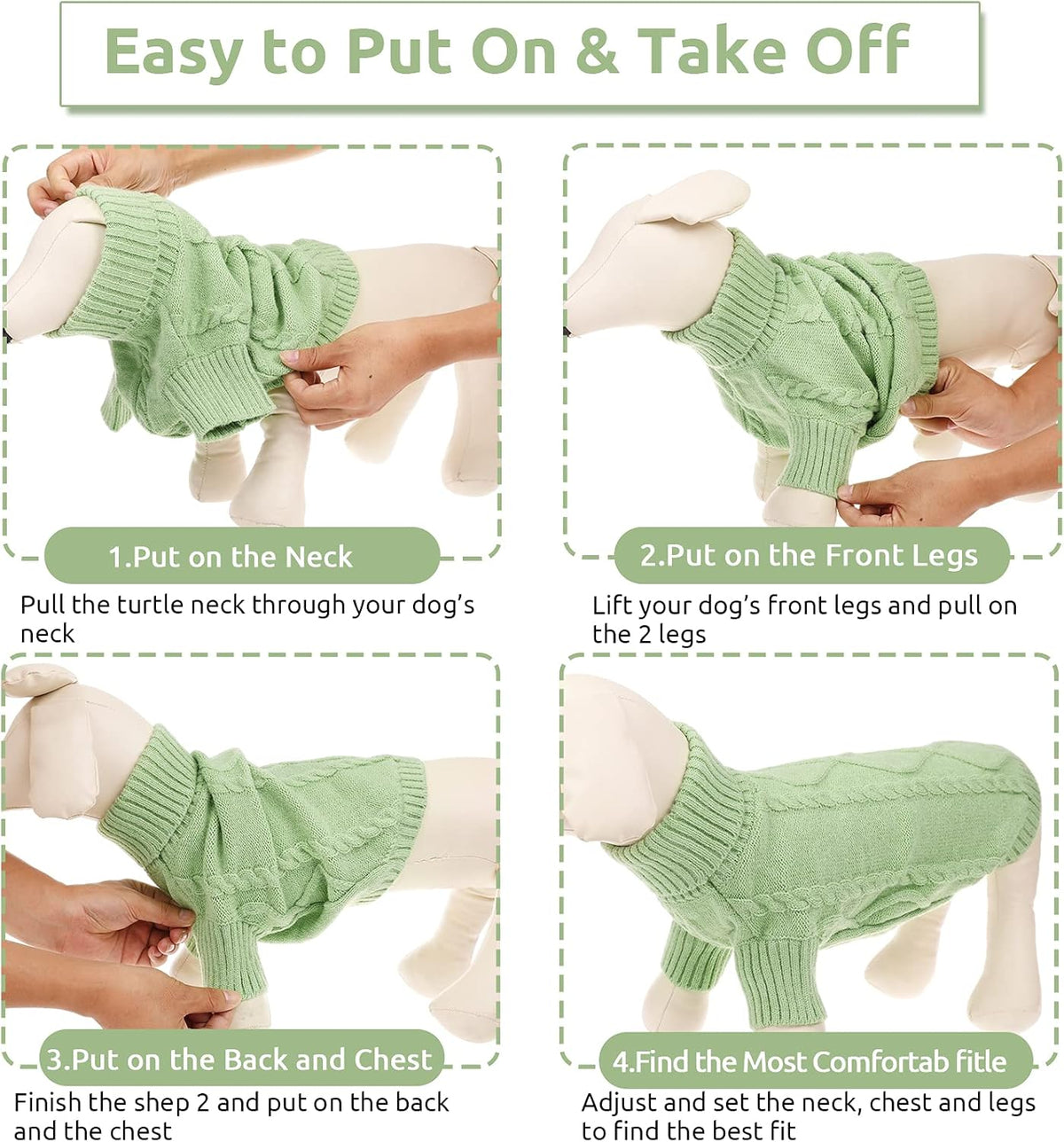 Queenmore Small Dog Pullover Sweater, Cold Weather Cable Knitwear, Classic Turtleneck Thick Warm Clothes for Chihuahua, Bulldog, Dachshund, Pug, Yorkie (Green, X-Small)