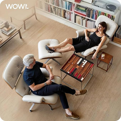 Top White Grain Leather, Mid Century Chaise Lounge Chair and Ottoman, Modern Chair Classic Design, Walnut Wood, Heavy Duty Base Support for Living Room Office