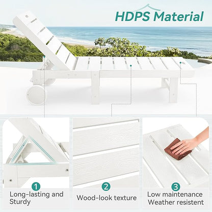 Homenjoy Outdoor Chaise Lounge Chairs with Table, 2-Piece, 26.8” Super Wide Lounge Chair Outdoor, HDPS Pool Chairs with 5 Positions, Patio Lounge Chair with Wheels for Pool,Lawn,Backyard, White