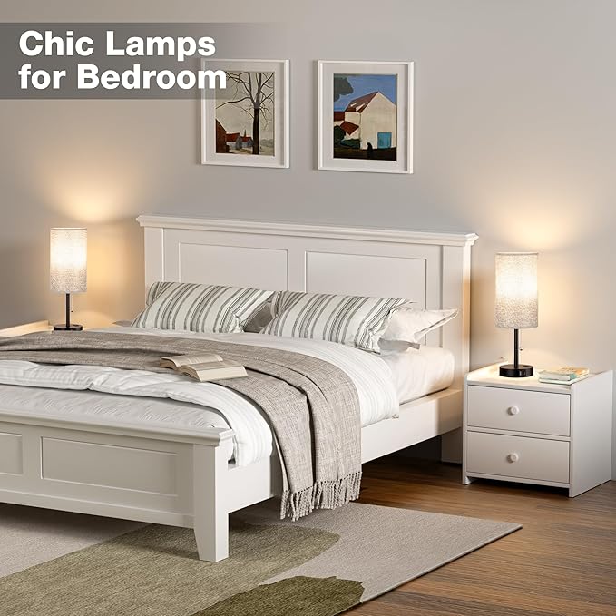 17.4Inches Grey Bedside Lamp for Bedroom Nightstand - Tall Table Lamp with USB A + C Charging Port & AC Outlet, 3 Color Temperatures Pull Chain Light, Side Table Desk Reading Lamp for Living Room