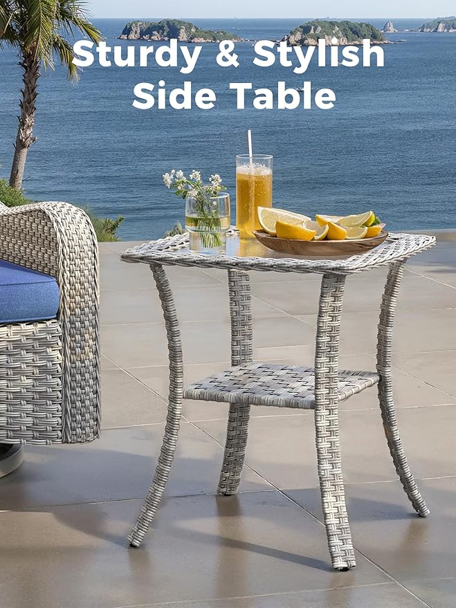 3 Piece Outdoor Wicker Patio Furniture Set,High Back Swivel Rocker Patio Chairs with 4" Thickened Cushions & Side Table, All-Weather PE Rattan for Garden, Backyard, Porch, Blue