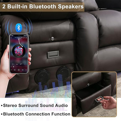 URRED Loveseat Recliner Sofa with Massage and Heat, Power Reclining Loveseat Sofa RV Couch with Console, Home Theater Seating with LED Lights, Bluetooth Speaker, USB, Outlets, Faux Leather, Dark Brown