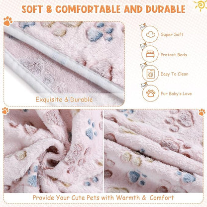Tatuo 4 Pack Fleece Dog Blankets for Puppy Cats Multi-Size Sleep Mat for Pet Guinea Pig Soft Washable Warm Crate Bed Puppy Teething Toys Print Pattern Blanket Indoor(Beige,41 x 30 Inch,Paw)