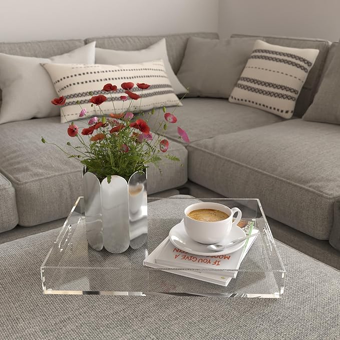 16"x12" Large Acrylic Serving Tray Decorative Ottoman Coffee Table Vanity Tray Tea Fruit Platter Snack Appetizer Dessert Drink with Handles for Bar Kitchen Party, Clear