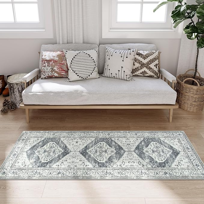 Lahome Boho Runner Rug for Hallway - 2x7 ‎Stain Resistant Non-Slip Kitchen Runners Non Skid Washable 7 Ft Lightweight Throw Bathroom Runner, Oriental Distressed Print Runner for Bedroom Laundry Room