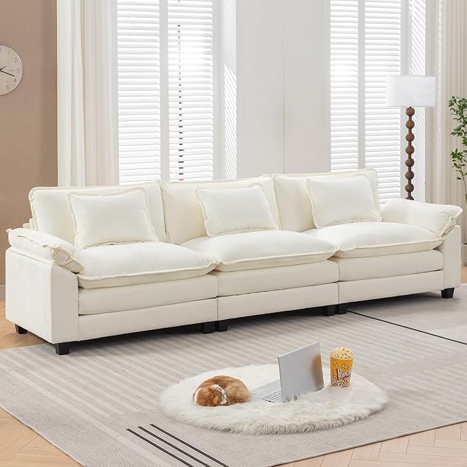 URRED Modular Sectional Sofa Comfy Cloud Couch, Modern Chenille Sofa Sleeper Deep Seat Couches with Ottoman/Pillows for Living Room (White, 117'')
