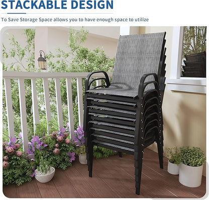 PIZZELLO Patio Chairs Set of 8 - Outdoor Stackable Dining Chairs for All Weather - Breathable Textilene Outdoor Chair Sets with Curved Armrests - 300Lbs Capacity - for Lawn Backyard Garden (Grey)