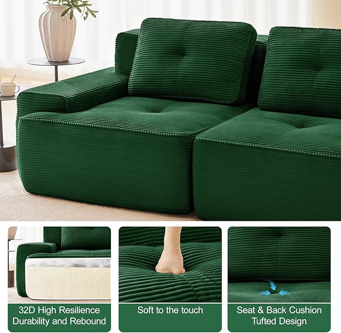 150" Modern Corduroy Cloud Sofa with Ottoman, U Shaped Boneless Modular Large Sectional Couches for Living Room, Green 4 Seater Compressed Memory Foam Couch, Extra Deep Seat, No Assembly