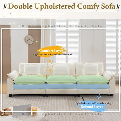 URRED Modular Sectional Sofa Comfy Cloud Couch, Modern Chenille Sofa Sleeper Deep Seat Couches with Ottoman/Pillows for Living Room (White, 117'')