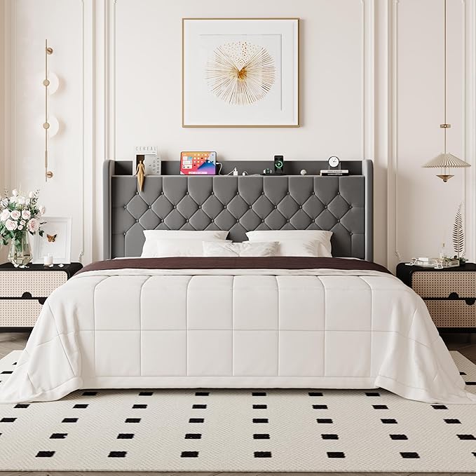 Allewie King Size Bed Frame, Storage Headboard with Charging Station, Wingback Velvet Upholstered, Diamond Stitched Button Tufted, Sturdy Wooden Slats, No Box Spring Needed, Easy Assembly, Grey