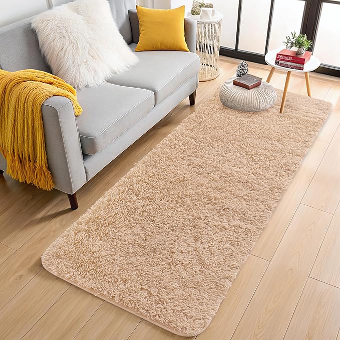 OLANLY 2x5 Machine Washable Runner Rugs for Hallway, Soft Fluffy Shaggy Bedside Rugs for Bedroom, Living Room, Indoor Floor Carpet for Kids Girls and Boys, Nursery Rooms, Home Decor Aesthetic, Beige