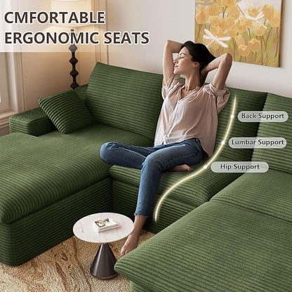 107" Cloud Modular Sectional Sofa with 1 Ottoman, Modern Upholstered Corduroy Couches, Comfort U Shaped Sofa for Living Room, Deep Seat Boneless Couch, No Assembly Required(Green,Left Facing Chaise)