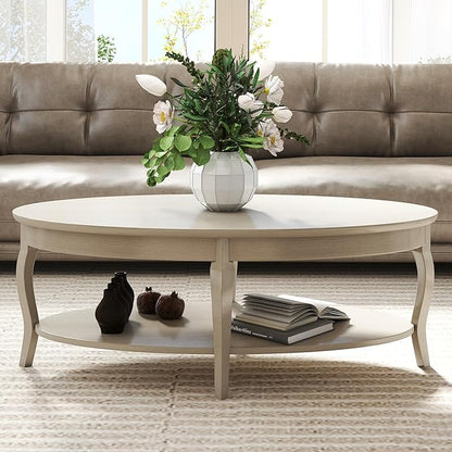 LZAREAL Coffee Table with Storage Oval Solid Wood Coffee Table Antique Farmhosue Living Room Table Rustic Center Table for Living Room Guest Room Reception Room Waiting Room, Faded White Color
