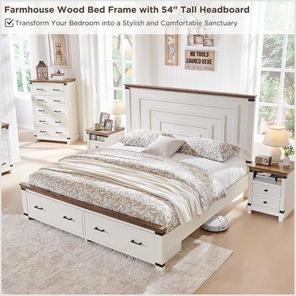 RedLemon Farmhouse King Size Bed Frame w/ 54" Tall Geometric Headboard, Rustic Wood Platform Bed w/ 2 Large Storage Drawers, Wood Slats Support, Noise Free, No Box Spring Needed, Antique White