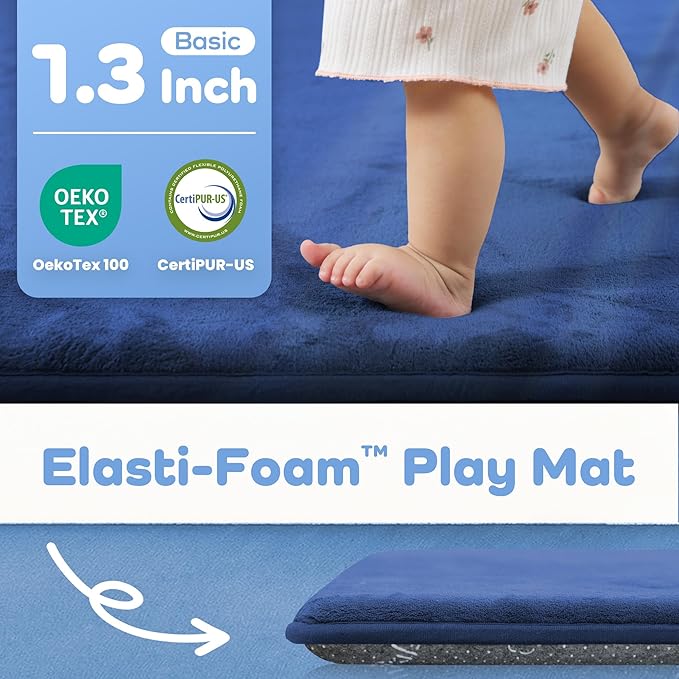 PAPAMAT 1.3" Thick Baby Floor Play Mat 39x59, Basic Padded Foam Mat for Tummy Time Crawling, Non Slip Cushioned for Babies Toddlers Infants Kids (Blue)