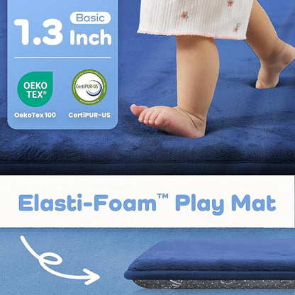 PAPAMAT 1.3" Thick Baby Floor Play Mat 39x59, Basic Padded Foam Mat for Tummy Time Crawling, Non Slip Cushioned for Babies Toddlers Infants Kids (Blue)