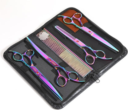 7.0in Titanium Professional Pet Grooming Scissors Set, GEMEK 6 in 1 Straight & Thinning & Upwards Curved & Downwards Curved Scissors & Comb for Dogs, Cats (Rainbow)