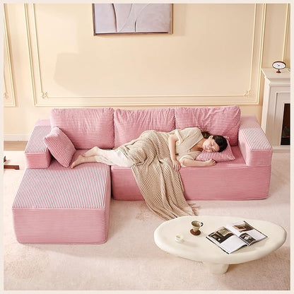 Afuson 107" Boneless Couch with Deep Seat, Modular Sectional Sofa, Cloud Sectional Couch for Living Room, No Assembly Required, Corduroy, L-Shape Left, Pink
