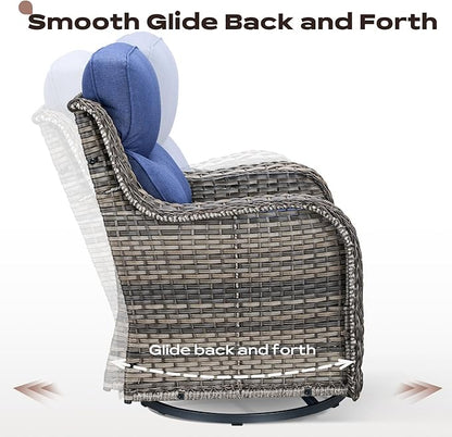 Rilyson Outdoor Swivel Rocker Chairs - All Weather Resistant Wicker Patio Furniture Set of 4 with High Back and 6 inch Thick Cushions for Deck Porch Yard and Poolside, Mixed Grey/Blue
