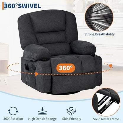 Rocker Recliner Chairs for Adults w/Vibration Massage and Heating,360° Swivel Rocker Glider Recliner,Extra Wide Manual Lazy Chair,Chenille Fabric Sofa Chair for Living Room,Bedroom,Black