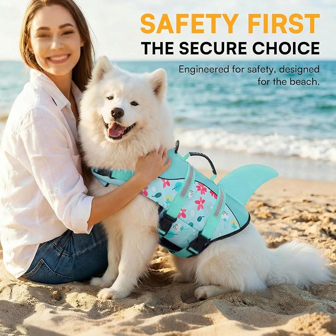 Dog Life Jacket, Dog Life Vest for Swimming, Doggie Shark Swimming Vest with Rescue Handle, Adjustable Reflective Pet Lifesaver Preserver for Small Dogs, Blue Flower S