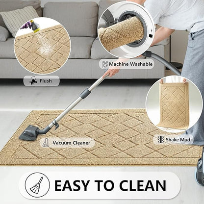 REFETONE Indoor Doormat, Front Back Door Mat 32"x40" Rubber Backing Non Slip Mats, Absorbent Washable Entrance Doormat for Entryway, Resist Dirt Low-Profile Inside Floor Mat for Muddy Shoes, Beige