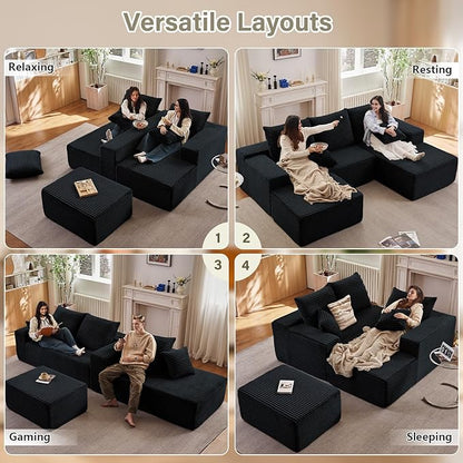 107" U-Shape Cloud Couch, Modern Modular Sectional Comfy L-Shape Sofa with Ottoman, Deep Seat, Upholstered Corduroy Sleeper Chaise Longue for Living Room Bedroom, No Assembly Required, Black