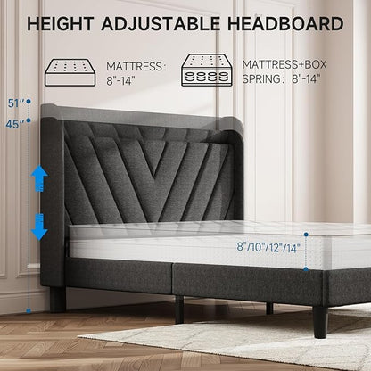 koorlian Queen Bed Frame with Headboard, Adjustable Upholstered Platform Bed Frame with Type-C&USB Ports, Wingback Storage Headboard, Solid Wood Slats Support, No Box Spring Needed, Dark Gray